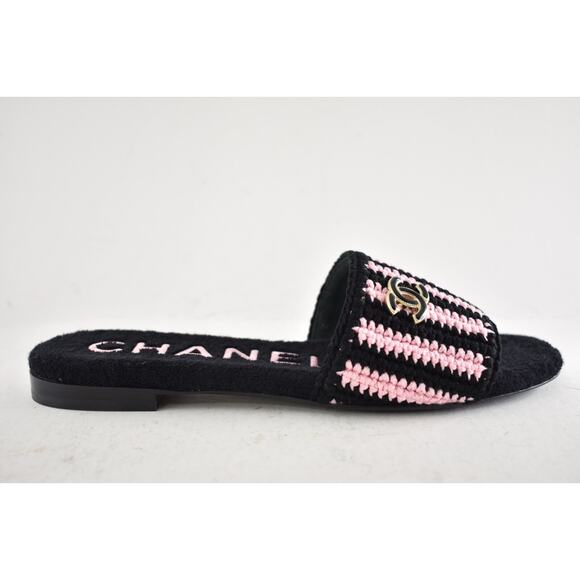 Chanel 24M Black Pink Crochet Stripe Camellia Flower Logo Mule Slide Sandal 39 - Picture 2 of 16